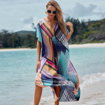 Bohemi&scaron;kas dryžuotas bikinis, laisvalaikio vasarinė suknelė V formos i&scaron;kirpte, poliesterio tunika paplūdimio apranga One Size armijos žalia spalva