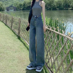 Pavasario ir rudens moteri&scaron;ki džinsai su reguliuojamu juosmeniu auk&scaron;tu juosmeniu Retro tiesios kelnės Plačios &scaron;luostės ilgos kelnės