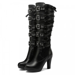 Punk platforminiai batai moterims suvarstomi stambūs auk&scaron;takulniai batai iki vidurio blauzdos siauros juostos lanko mazgas Gothic Gothic Cosplay batai žieminiai 38 black