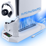 PS5/Slim/Pro konsolės vėsinimo ir įkrovimo stovas su dvifunkciniu ventiliatoriaus pagrindu balta