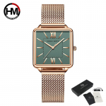 Hannah Martin Moteri&scaron;ki kvarciniai laikrodžiai Japonija Quartz Movement žalias ciferblatas kvadratinių laikrodžių dėklas Madingas rankinis laikrodis Moteri&scaron;ki rožinio aukso laikrodžiai moterims žalia