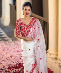 &Scaron;ventinis dizainerio sunkus siuvinėtas organzos sari Indijos moterims Bollywood etninis sari su palaidiniu XS-34 balta