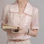 Vasarinė palaidinė trumpomis rankovėmis Moteri&scaron;ki vir&scaron;utiniai drabužiai biure Lady Peter Pan apykakle Mar&scaron;kiniai su mygtukais Palaidinė Eleganti&scaron;ki moteri&scaron;ki drabužiai 28091 S rožinė