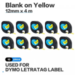 10 vnt. 12 mm LetraTag LT91202 LT 91202 ženklinimo juosta plastikinė, juoda ant geltonos spalvos, skirta Dymo Letra etikečių spausdintuvui LT-100H, LT-110T, QX 50 12mm