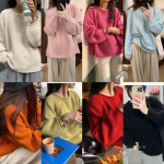 VEZFAA Moterų mados kasdieniai rudens žiemos vienspalviai megztiniai ilgomis rankovėmis su i&scaron;kirpte Size: One Size geltona