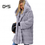 Moteri&scaron;ka žieminė striukė plius dydžio dirbtinio kailio laisvi vir&scaron;utiniai rūbai su gobtuvu Vidutinio ilgio sluoksniuotas termo pliu&scaron;inis paltas kasdieniam darbui lauke XXXL pilka