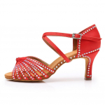 Moteri&scaron;ki satininiai lotynų &scaron;okių batai salsa vakarėliui, salės &scaron;okių batai, auk&scaron;takulniai 7 cm 38 raudona