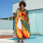 EDOLYNSA &bdquo;Boho Printed&ldquo; didelio dydžio &bdquo;Kaftan&ldquo;, 2024 m., Moteri&scaron;kas V formos kaklo &scaron;ik&scaron;nosparnio rankovės, laisvas chalatas vasaros atostogų paplūdimio maxi suknelė maudymosi kostiumėlis. One Size įvairiaspalvis