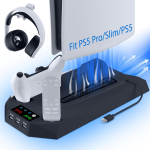 PS5/Slim/Pro konsolės vėsinimo ir įkrovimo stovas su dvifunkciniu ventiliatoriaus pagrindu juoda