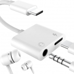 USB-C iki 3,5 mm garso priedai C tipo ausinių lizdo adapteris 2in1 DAC AUX skirstytuvas įkrovimo laido raktas balta
