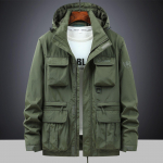 Vyri&scaron;ka vėjui atspari parka su nusegamomis rankovėmis - pavasario/rudens laisvo kirpimo, daug ki&scaron;enių, darbo drabužių striukė, galimi didesni dydžiai 5XL (210-230 cm) armijos žalia spalva