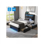 Mink&scaron;ta lova - MUVOE - 90x200 cm - su USB prievadu - LED ap&scaron;vietimas - 4 stalčiai juoda juoda