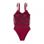 Moteri&scaron;kas seksualus Monokini Sling be rankovių su kutais dekoruotas maudymosi kostiumėlis, tinklelis, sujungimas be nugaros, vientisas bikinis S vyno raudonos spalvos