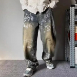 Džinsai su grafiti ra&scaron;tais, laisvi, vyri&scaron;ki, Y2K, vintažiniai, su dėmėmis, mėlyni, Harajuku, džinsinės kelnės, auk&scaron;tosios mados, tiesaus kirpimo džinsinės kelnės S