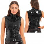 Moteri&scaron;kos &bdquo;Wet Look&ldquo; apatinės striukės su užtrauktuku be rankovių, lakinės odos striukė su apykakle, skirta naktiniam klubui 3XL juoda