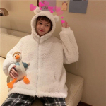 Harajuku Kawaii Užtrauktuku Hoodie Moteri&scaron;kas megztinis Japoni&scaron;kas Varlė Storas Per didelis ėriukų vilnos paltai Madingi &Scaron;ilti žieminiai drabužiai L balta
