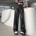 Rudens žiemos mados plačios PU kelnės Laisvalaikio elastinės juosmens odinės kelnės Moteri&scaron;kos gatvės aprangos stiliaus moteri&scaron;kos kelnės 29393