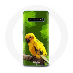 Coque pour Samsung Galaxy S10 Oiseaux de Perruches jaune Fond Vert