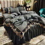 Light luxury European style brushed embroidered lace edge bed skirt four-piece set solid color bedding