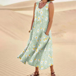 Moteri&scaron;ka laisvalaikio vienspalvė medvilninė lininė suknelė be rankovių XXXXXL