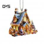 Kalėdinis papuo&scaron;alas Snowy Village House pakabukas 2D plok&scaron;čias akrilinis rąstinis namelio kabantis papuo&scaron;imas namų automobilių medžio dekoravimui raudona
