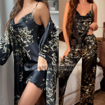 Moteri&scaron;kas 4 dalių pižaminių kelnių komplektas su spausdintais sakurų ra&scaron;tais, kimono chalatas, pižama, laisva satininė namų apranga XL