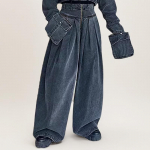 Europieti&scaron;kas ir amerikieti&scaron;kas retro darbo drabužių džinsinis kostiumas su ilgomis rankovėmis, trumpu vir&scaron;umi ir auk&scaron;to liemens plačių kle&scaron;nių kelnėmis pavasariui/vasarai 2025. S