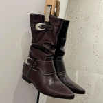 Madingi Retro Riterio Batai Rudens Naujoji Mada Smailus Pir&scaron;tas Metalinė Sagtis Su Dirželiu Viduje Paauk&scaron;tintas Neslystantis Atsparus Dilimui Vidurinis- 40 ruda