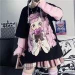 Moteri&scaron;ki Harajuku stiliaus mar&scaron;kinėliai ilgomis rankovėmis, skirti laisviems ir mieliems japoni&scaron;kiems animaciniams filmams &bdquo;Ins Harajuku Print Fake Two Piece Estetic Fall&ldquo; XXL juoda
