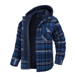 Autumn and winter men's long-sleeved lapel plaid hooded thick shirt coat