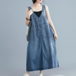 Džinsinė suknelė moteri&scaron;ka didelio dydžio laisvalaikio vintažinė berankove, didelės ki&scaron;enės, laisvos retro stiliaus džinsinės suknelės, moteri&scaron;kos V kaklo vasaros