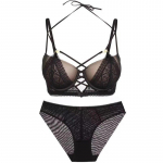 Sexy Hollow Push-up liemenėlės rinkinys Klasikinis tvarsčiu reguliuojamas dirželis, moteri&scaron;kas apatinių drabužių rinkinys Madingas juodas nėrinių viliojantis liemenėlis 85D juoda