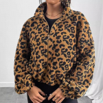 Moteri&scaron;kas laisvas kardiganas su leopardo ra&scaron;tu, užsegamas užtrauktuku, pliu&scaron;inis, drabužiai, &scaron;varkas, vir&scaron;us, moteri&scaron;ki kasdieniai drabužiai S ruda