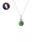 PERLINEA - Pendentif - V&eacute;ritable Perle de Culture d'Eau Douce Bouton 6-7 mm Vert - Or Blanc - Cha&icirc;ne Offerte - Bijoux Femme
