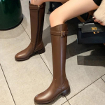 Vintažiniai moteri&scaron;ki ploni aulinukai iki kelių, madingi bateliai su diržo sagtimi, rudens ir žiemos žemo kulno, tamprūs, modernūs ilgi aulinukai 35