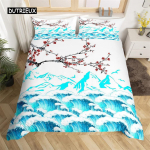 Japoni&scaron;kas gervės užvalkalas Sea Wave patalynės komplektas Full King mikropluo&scaron;to Ukiyoe etninis Fuji kalnų vy&scaron;nių žiedų antklodės EU single(135x200cm)