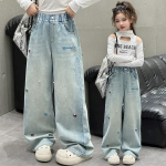 Mergaičių džinsai plačiomis kojomis Rudeninės kelnės vaikams, lankelis, siuvinėjimas, mada, laisvalaikio mokyklinės paauglių kelnės vaikams 150 mėlyna
