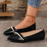 Zapatos planos de mujer con punta fina y suela plelegable, perfectos para cualquier ocasi&oacute;n &ndash; Cadena de perlas decorativa 36