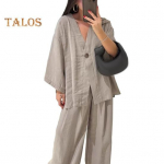 Moteri&scaron;kas medvilnės ir lino dviejų dalių komplektas ilgomis rankovėmis V formos i&scaron;kirpte sagomis užsegamas vir&scaron;us plačių kelnių kojų laisvalaikio kostiumas XXXL