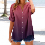 Women's loose printed stand collar short-sleeved cotton and linen top L