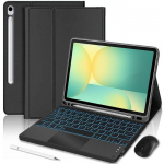 Coque Clavier pour Samsung Galaxy Tab S10 FE / S9 FE, Cuir PU Noir avec Clavier R&eacute;tro&eacute;clair&eacute; + Souris + Stylet