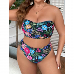 Moterų atostogų bikini komplektas, didelio dydžio, su tropiniu ra&scaron;tu, bandeau tipo liemenėlė ir auk&scaron;to kirpimo kelnaitės, 2 dalių maudymosi kostiumas 0XL juoda