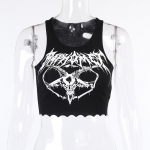 Gotikinės megztos punk juodos vir&scaron;utinės kelnaitės Mall &bdquo;Goth Grunge Goat Print Harajuku&ldquo; moteri&scaron;kos apkarpytos palaidinės, siauros, berankovės gatvės apranga S juoda