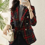 Auk&scaron;tos klasės &bdquo;Tweed Blazer&ldquo; mažo kvapo moteri&scaron;kas senovinis languotas trumpo kostiumo &scaron;varkas Madingi ploni V formos i&scaron;kirptės dvieiliai moteri&scaron;ki &scaron;varkai XXL