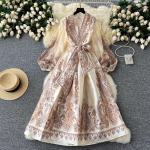 Nauja rudens Paisley gėlių spausdinimo &scaron;ventinė suknelė Boho moterims V kaklo žibinto rankovėmis su rai&scaron;teliais, ki&scaron;enėmis, vientisa ilga Vestido XXL smėlis