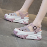 fashion 7cm Rhinestone Genuine Leather Shoes Sandals Platform Wedge Women Chunky Sneakers Ladies Casual Lace Up Hollow Summer 33 rožinė