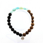 Pierres et Min&eacute;raux. Bracelet Amazonite du Br&eacute;sil + Perles Onyx noir mat + bois 8 mm. Fabriqu&eacute; en France.
