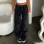 Moteri&scaron;ki hiphopo stiliaus platūs džinsai, platūs kle&scaron;niai, vidutinio žemo liemens, laisvi džinsai, vintažiniai džinsai L juoda