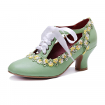 Johnature Rankų darbo bateliai su auk&scaron;tu kulnu Natūrali oda Moteri&scaron;ki batai Retro Nėriniai Mary Jane Suvarstomi Auk&scaron;takulniai 36 &scaron;viesiai žalios spalvos