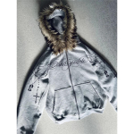 BeatStreet Madingi Streetwear Moteri&scaron;kas Gotikinis Punk Dirbtinio Kailio Gobtuvu Striukė Su Kryžiaus Spaudiniu Madingas Drąsus Užtraukiamas Džemperis S pilka spalva